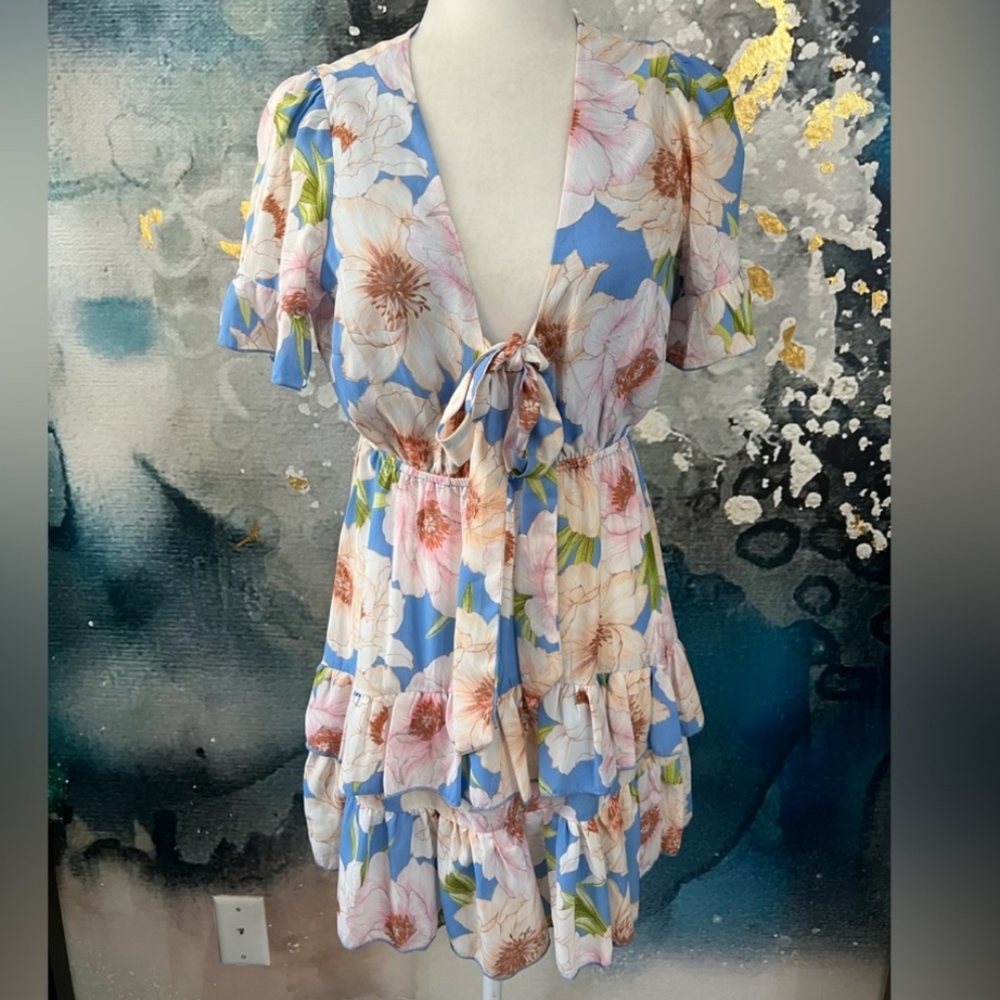 FOREVER 21 Floral Plunge V-Neck Front Tie Ruffle Mini Boho Dress